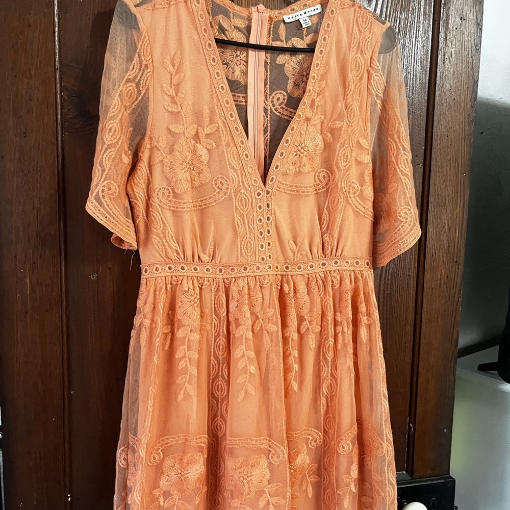 Orange Lace Dress with Floral Embroidery